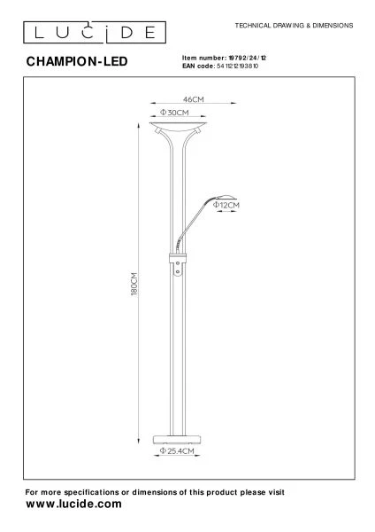 Lucide CHAMPION-LED - Leeslamp - Ø 30 cm - LED Dimb. - 3000K - Mat chroom - technisch